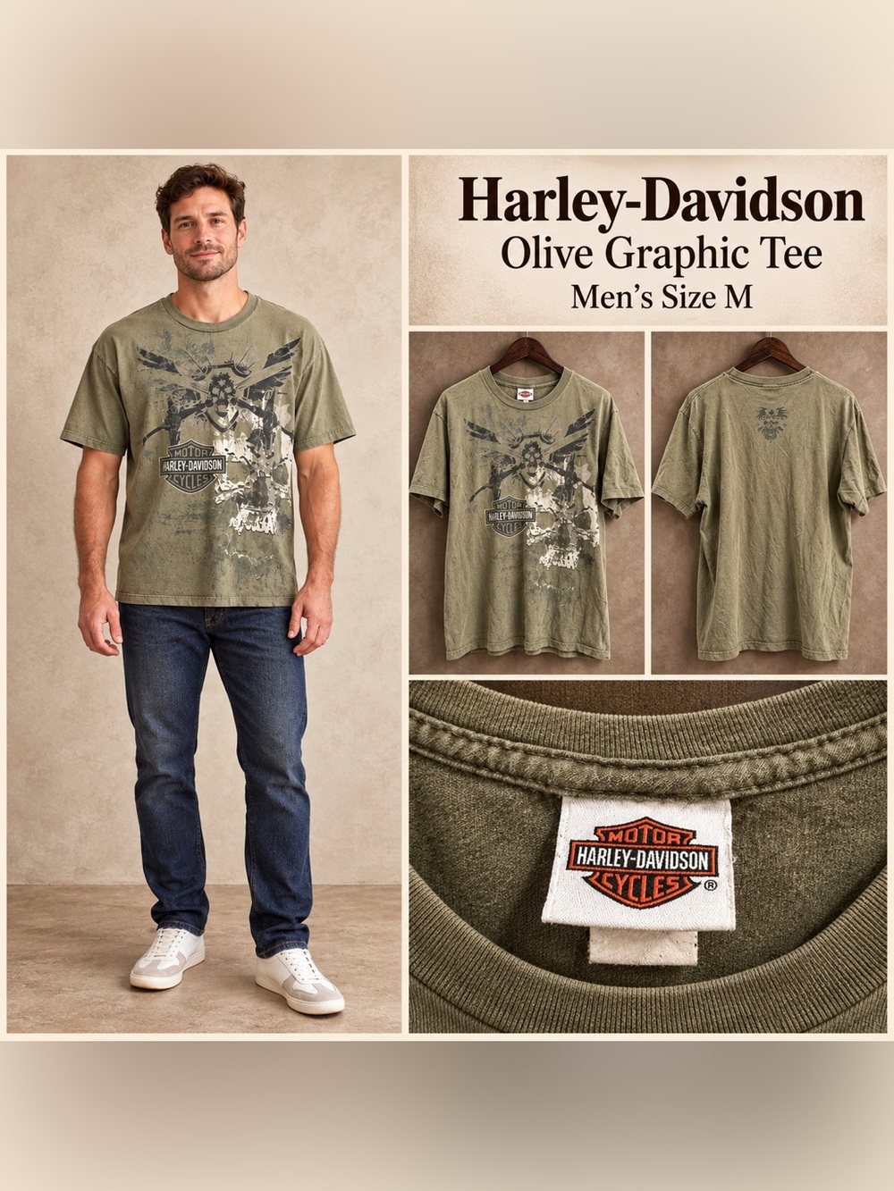 Vintage Harley-Davidson Men's Olive Graphic T-Shirt